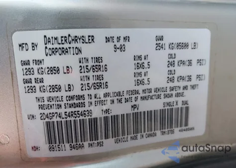 2004 Dodge Grand Caravan Ex from USA, damaged, VIN 2D4GP74L54R554639